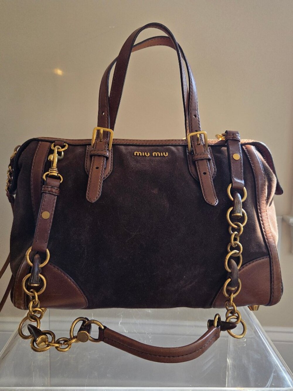 Miu Miu Horn-Strap Brown Suede Tote